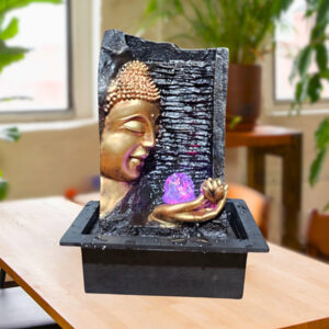 Lord Buddha Water Fountain Showpiece for Home Decor (Black & Golden) Polyresin – 15 Inch