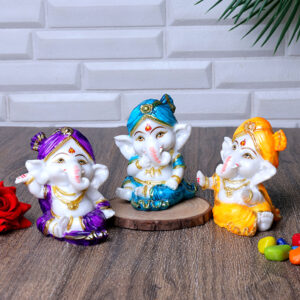 Little Ganesha Idol Showpiece Set of 3 (Multicolor) Marble - 4 Inch