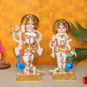 Radha & Krishna Idol Showpiece for Home Decor (Golden Foil Work) Marble - 12 Inch