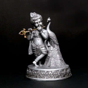 Antique Bal Krishna with Peacock Idol Showpiece (Silver) Polyresin - 7.5 Inch