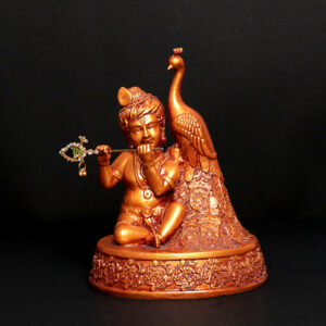 Bal Krishna with Peacock Idol Showpiece for Home Decor (Red & Golden) Polyresin - 7 Inch