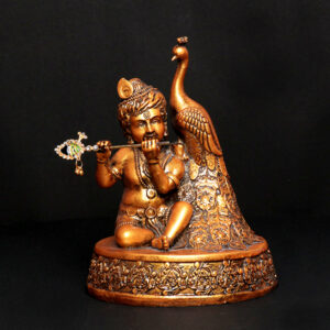 Bal Krishna with Peacock Idol Showpiece for Home Decor (Golden) Polyresin - 7 Inch