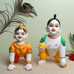 Laddu Gopal with Radha Rani Idol Showpiece for Home Decor (Orange) Marble - 13 Inch