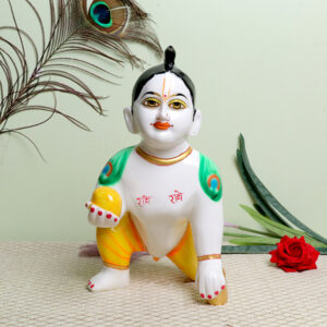 Laddu Gopal Krishna Idol Showpiece for Home Decor (Yellow & Green) Marble - 13  Inch