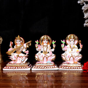 Laxmi, Ganesh & Saraswati Idol Showpiece for Home Decor (White) Marble – 6 Inch
