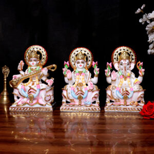 Laxmi-Ganesh & Saraswati Idol Showpiece for Home Decor (White) Marble – 9 Inch