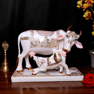 Kamdhenu Cow & Calf Idol Showpiece for Home Decor (Muticolor) Marble – 9 Inch