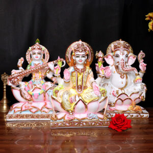 Laxmi-Ganesha & Saraswati Idol Showpiece for Home Decor, Set of 3 (Multicolor) Marble – 12 Inch
