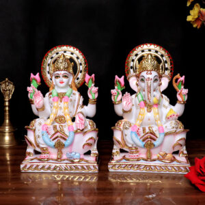 Laxmi-Ganesh Idol Showpiece for Home Decor (White) Marble – 9 Inch