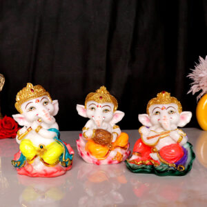 Musician Ganesha Idol Showpiece for Home Decor, Set of 3 (Multicolor) Marble – 4 Inch