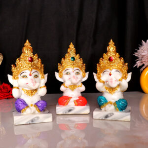 Musician Ganesha Idol Showpiece for Home Decor, Set of 3 (Multicolor) Marble – 4 Inch