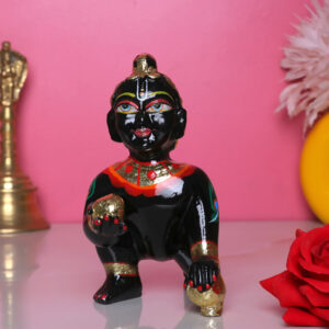 Laddu Gopal Krishna Idol Showpiece for Home Decor, Golden Foil (Black) Marble - 6 Inch
