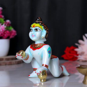 Laddu Gopal Krishna Idol Showpiece for Home Decor, Golden Foil Work (Blue) Marble - 6 Inch