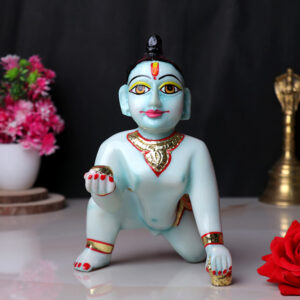 Laddu Gopal Krishna Idol Showpiece for Home Decor, Golden Foil Work (Blue) Marble - 7 Inch