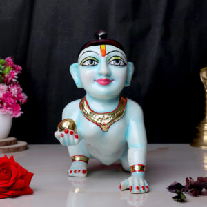 Laddu Gopal Krishna Idol Showpiece for Home Decor, Golden Foil Work (Blue) Marble - 8 Inch