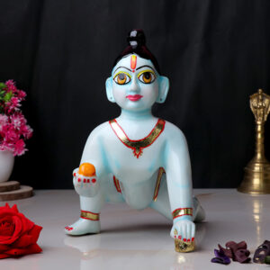 Laddu Gopal Krishna Idol Showpiece for Home Decor, Golden Foil Work (Blue) Marble - 9 Inch