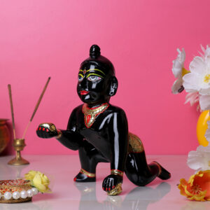 Laddu Gopal Krishna Idol Showpiece for Home Decor, Golden Foil Work (Black) Marble - 7 Inch