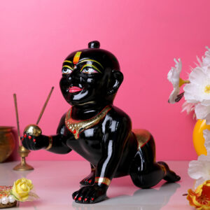 Laddu Gopal Krishna Idol Showpiece for Home Decor, Golden Foil Work (Black) Marble - 8 Inch