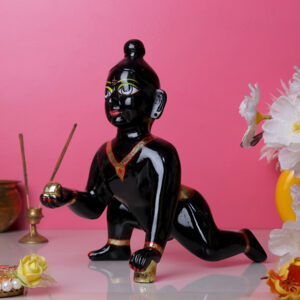 Laddu Gopal Krishna Idol Showpiece for Home Decor, Golden Foil Work (Black) Marble - 9 Inch