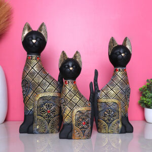 Antique Cat Family Showpiece for Home Decor (Set of 3) Polyresin - 13.5 Inch