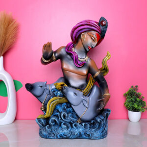 Antique Krishna with Cow Idol Showpiece for Home Decor (Polyresin) - 15 Inch