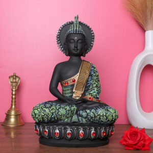 Lord Buddha Idol Showpiece for Home Decor (Green & Black) Polyresin – 12 Inch