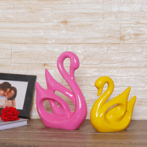 Lucky Swan Couple Showpiece for Home Decor (Pink & Yellow) Polyresin – 10 Inch