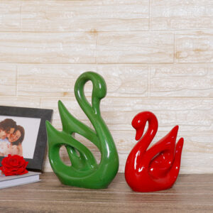 Lucky Swan Couple Showpiece for Home Decor (Green & Red) Polyresin – 10 Inch