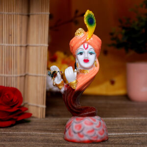 Flute Krishna Idol Showpiece for Home Decor (Orange & Brown) Marble – 7 Inch