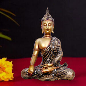 Golden Meditating Buddha Statue – Decorative Resin Sculpture for Home, Office, and Spiritual Spaces. (L-23cm,B-13cm,H-34cm)