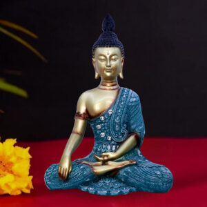 Blue & Gold Meditating Buddha Statue – Spiritual Resin Sculpture for Home, Office & Yoga Spaces (L-22cm,B-12cm,H-34cm)