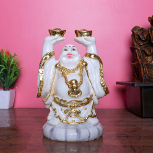 White & Gold Laughing Buddha Statue for Wealth & Prosperity