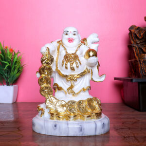White & Gold Laughing Buddha with Wealth Coins – Symbol of Prosperity