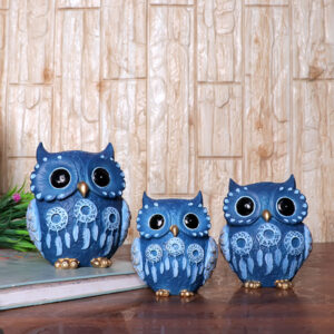 Handcrafted Blue Owl Figurine Set – Decorative Showpiece with Three Different Sizes (Large: 13cm H x 11cm L x 8cm D, Medium: 11cm H x 9cm L x 7cm D, Small: 9.5cm H x 8cm L x 6cm D)