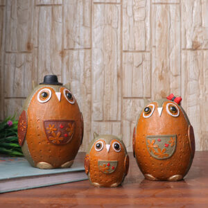Handcrafted Owl Figurine Set – Decorative Showpiece With Three Different size (Large: 15cm H x 11cm L x 10cm D, Medium: 14cm H x 10cm L x 9cm D, Small: 8cm H x 6cm L x 6cm D)