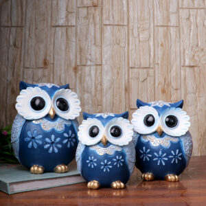 Handcrafted Brown & Green Owl Figurine Set – Decorative Showpiece with Three Different Sizes (Large: 17cm H x 13cm L x 8cm D, Medium: 15cm H x 12cm L x 7cm D, Small: 13cm H x 10cm L x 6cm D)