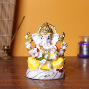 Lord Ganesha Idol | White & Golden Decorative Ganpati Murti | Marble Base | Home, Office, Car Dashboard Showpiece | 10 cm Height