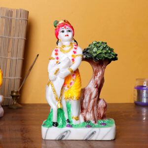 Lord Krishna with Cow & Tree Idol | Polyresin Decorative Showpiece | 11 cm (L) x 7 cm (D) x 18 cm (H)