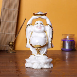 White & Gold Laughing Buddha Statue – 10 cm (H) x 7 cm (L) x 7 cm (D) Feng Shui Figurine for Prosperity & Good Luck
