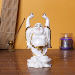 White & Gold Laughing Buddha Statue – 10.5 cm (H) x 6 cm (L) x 6 cm (D) Feng Shui Figurine for Wealth & Happiness