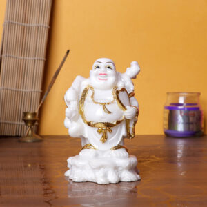 White & Gold Laughing Buddha Statue – 10 cm (H) x 7 cm (L) x 7 cm (D) | Feng Shui Wealth & Happiness Idol