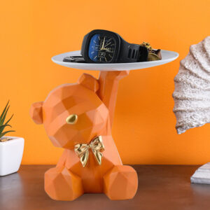 7-Inch Geometric Bear Butler Statue – Modern Orange Resin Decorative Tray