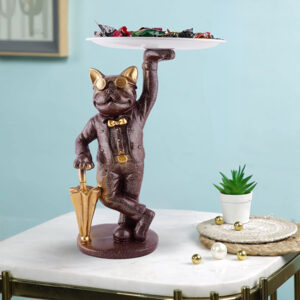 11-Inch Vintage Cat Butler Statue – Resin Decorative Tray with Umbrella