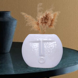 Round Abstract Face Vase – White Polyresin , 15 cm Tall