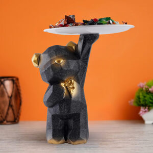 8-Inch Resin Bear Candy Holder with Tray – Black & Gold