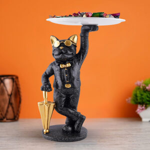 11-Inch Resin Cat Butler Candy Holder – Black & Gold
