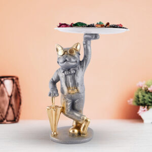 11-Inch Silver Cat Butler Tray – Resin Decorative Stand