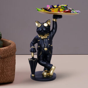 11-Inch Black Cat Butler Figurine with Serving Tray
