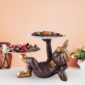 7- inches Luxury Double Tray Bulldog Snack & Candy Holder – 10-Inch Resin Decorative Organizer (Black & Gold)