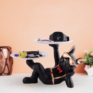 Luxury French Bulldog Double Tray Organizer – 7-Inch Black & Gold Resin Decorative Storage